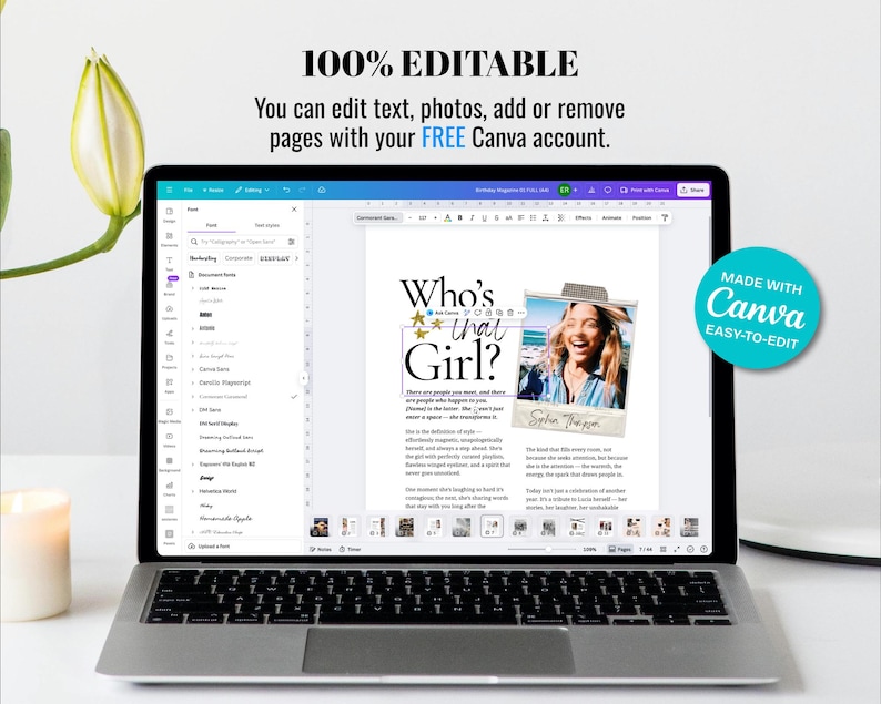 May include: A laptop screen displaying a digital magazine template in Canva with the text Who's that Girl? and a photo in a polaroid frame. The screen shows editing tools, text boxes, and a teal badge that reads MADE WITH Canva EASY-TO-EDIT.