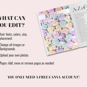 May include: A digital template for a photo book featuring a page titled 10 things we love about you with numbered text boxes over a background of pastel heart candies and a second page titled A-Z of Sophia with a list and a photo of a person.