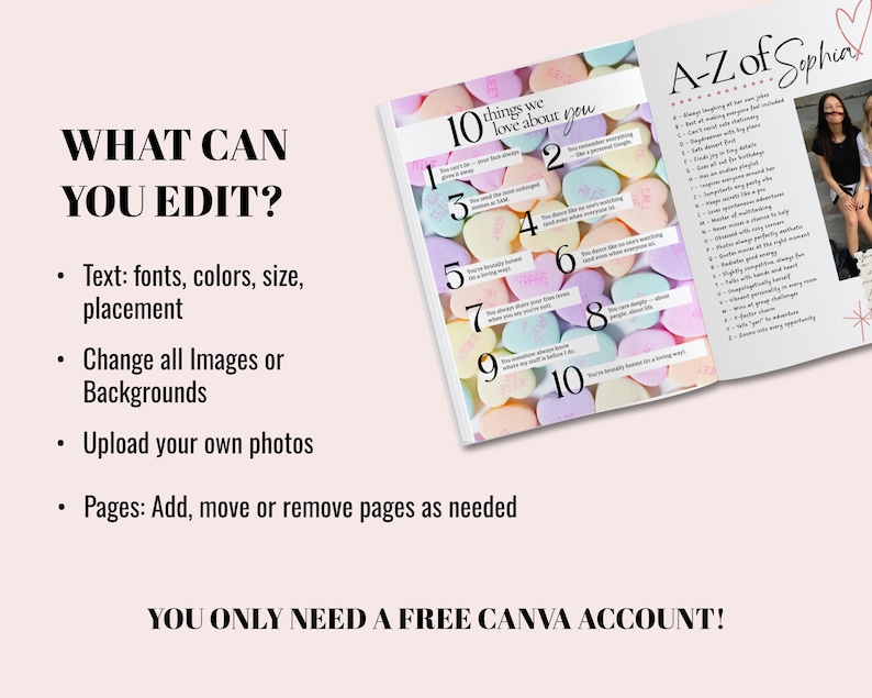 May include: A digital template for a photo book featuring a page titled 10 things we love about you with numbered text boxes over a background of pastel heart candies and a second page titled A-Z of Sophia with a list and a photo of a person.