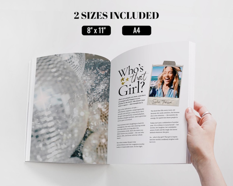 May include: An open magazine featuring the text 2 SIZES INCLUDED, 8" x 11", and A4. The left page shows a silver disco ball, while the right page displays the title Who's that Girl? with three gold stars, a photo of a person, and printed text.