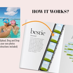May include: A digital photo book template featuring the text HOW IT WORKS? and a definition of the word bestie. The layout includes a vertical film strip graphic with placeholder images of green hills and blue skies, plus a photo upload instruction.