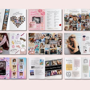 May include: A multi-page scrapbook layout featuring various photo collages, handwritten-style text, and graphic elements. The pages include themes like a BFF bucket list, vision board, birthday wishes, and friendship timelines with pink and white accents.