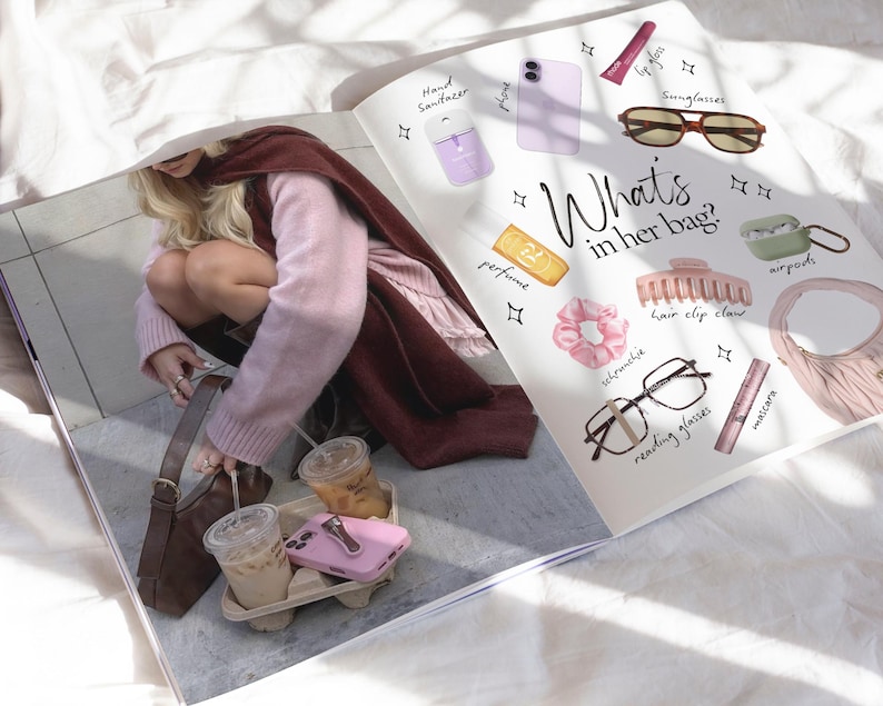 May include: A magazine spread featuring a photograph of a person with a brown handbag and iced coffee, alongside an illustrated guide titled What's in her bag? showcasing items like sunglasses, a hair claw, scrunchie, reading glasses, and cosmetics.