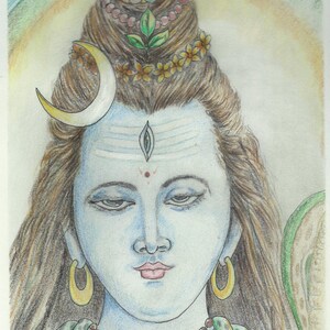 May include: A detailed pencil drawing of a deity with blue skin, adorned with a crescent moon, earrings, and a necklace. The deity has long brown hair and a third eye on the forehead. The artwork features soft colors and intricate details.