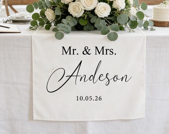 Personalized Wedding Linen Table Runners Keepsake Decor, Wedding Reception Banner Wedding Keepsakes, Sweetheart Table Decor Engagement Gifts