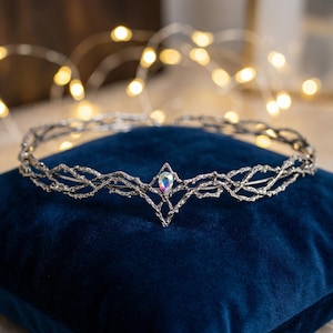 May include: A silver-toned crown with a delicate, intertwined branch design. The crown features a central, iridescent gemstone. It rests on a dark blue velvet pillow, with soft, out-of-focus lights in the background.