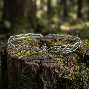 May include: A silver-colored crown with a central diamond-shaped gem. The crown has a delicate, intertwined design, resembling branches. It is displayed on a moss-covered tree stump, with a blurred forest background.