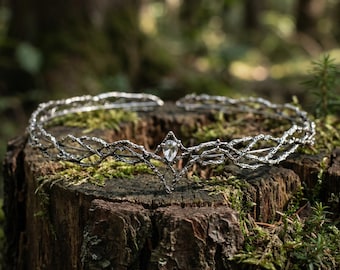 Elven Fantasy Circlet Antique Silver Vine Headpiece with Teardrop Gem Woodland Crown for Cosplay Renaissance Faire and Weddings