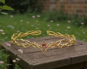 Tiara de corona élfica / Tocado de boda de hadas / Diadema de elfo del bosque / Accesorio para el cabello de novia de fantasía / Diadema de diamantes de imitación de cristal dorado y plateado