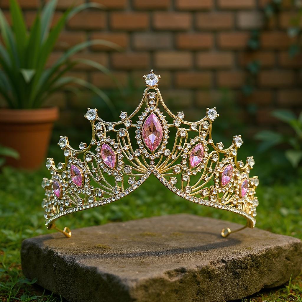 Vintage Gold Tiara with Pink Teardrop & Round Gems Pink Gemstone Gold Tiara, Princess Headdress, Prom Crown - Etsy main image 4