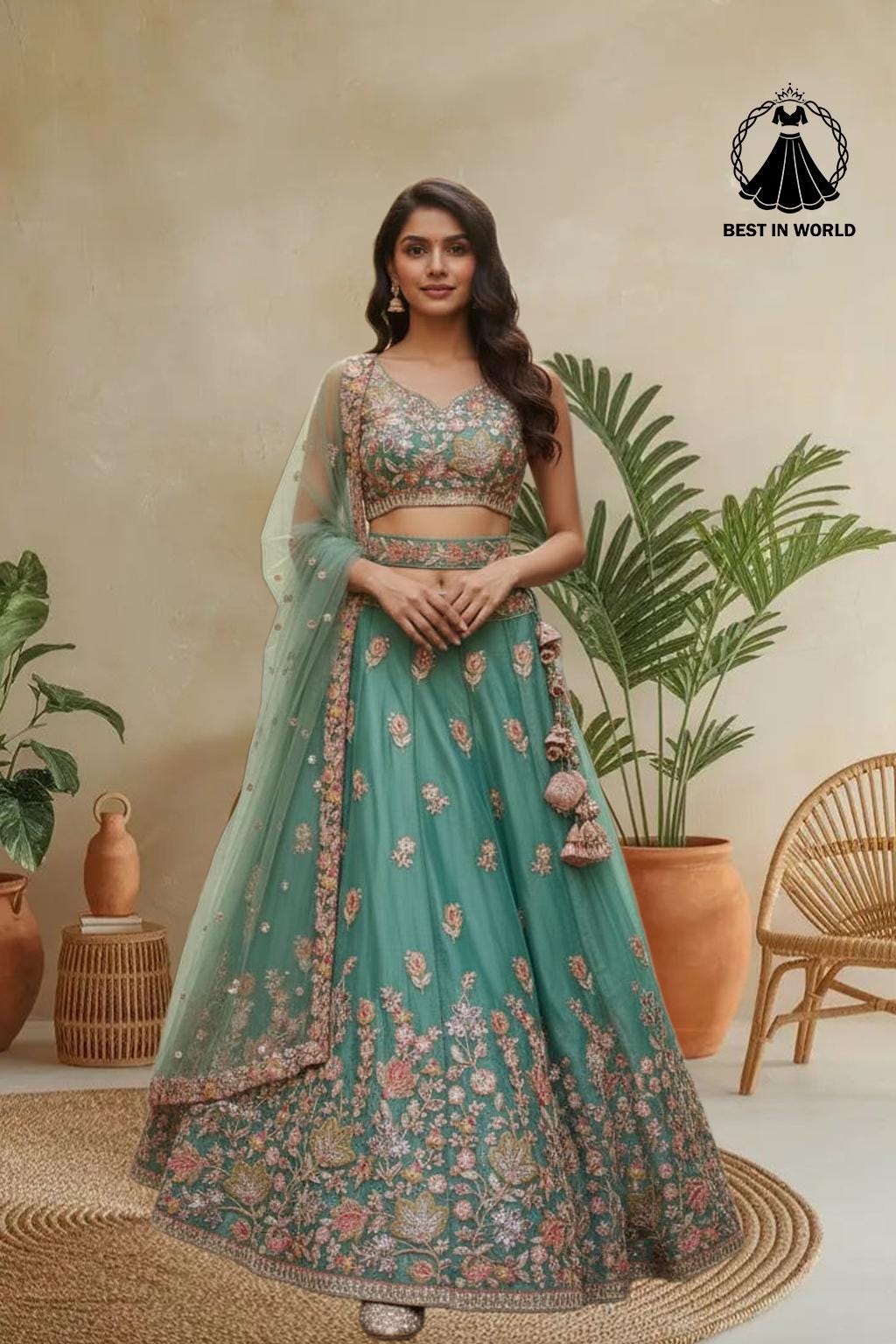 slim fit dress slacks TEAL GREEN INDIAN HEAVY EMBROIDERED PARTY WEAR SLIT DRESS main image 0