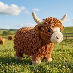 May include: A handcrafted, plush Highland cow stands in a grassy field under a blue sky. The crochet cow features shaggy brown fur, a white face, and curved horns. Other cows graze in the background, with a wooden fence and rolling hills.