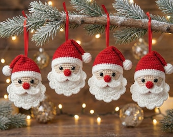 Patrón de adorno de Papá Noel a crochet • Amigurumi fácil en PDF • Decoración para árbol de Navidad DIY