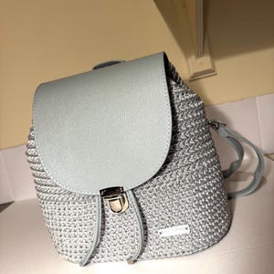 Crochet Backpack | Silver Grey Handmade Bag | Polyester Cord Backpack with Leather-Look Flap