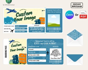 Printable CUSTOM Trip Surprise Ticket | CUSTOM Boarding Pass | Vacation Reveal | Digital Voucher Gift