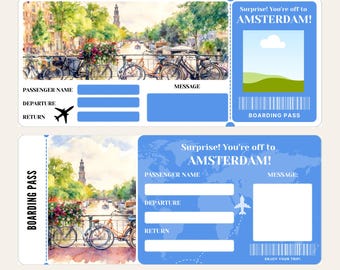 Plantilla imprimible de billete de viaje a Ámsterdam / Revelación de vacaciones sorpresa / Tarjeta de embarque (regalo digital)