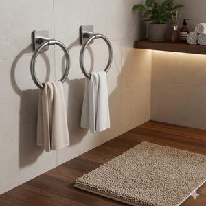 Op de afbeelding: Twee handdoekringen van geborsteld nikkel aan een betegelde muur, elk met een gevouwen handdoek. Eén handdoek is beige, de andere wit. De badkameromgeving omvat een houten plank met planten en opgerolde handdoeken.