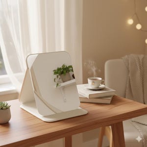 May include: A white, rectangular, folding vanity mirror with rounded corners. The mirror is propped open on a white base, reflecting a room with a plant and a cup of tea. The mirror is on a wooden table.