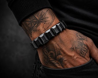 Pulsera de hematita gruesa para hombre – Pulsera de hematita grande – Joyería llamativa para hombre color gris plomo – Pulsera de piedra pesada para hombre