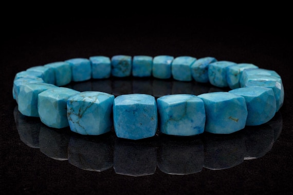 Natural Turquoise Bracelet – Cube Beads 9x9mm – Blue Turquoise Jewelry – Boho Gemstone Bracelet – Handmade Stretch Bracelet