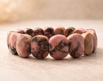 Rhodonite Bracelet 18 x 10 mm | Handmade Rhodonite Bracelet | Pink Gemstone Jewelry | Natural Stone Statement Bracelet
