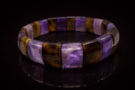 Amethyst Tiger Eye Bracelet • Natural Gemstone Jewelry • Handmade Stretch Bracelet • 10x14mm Beads