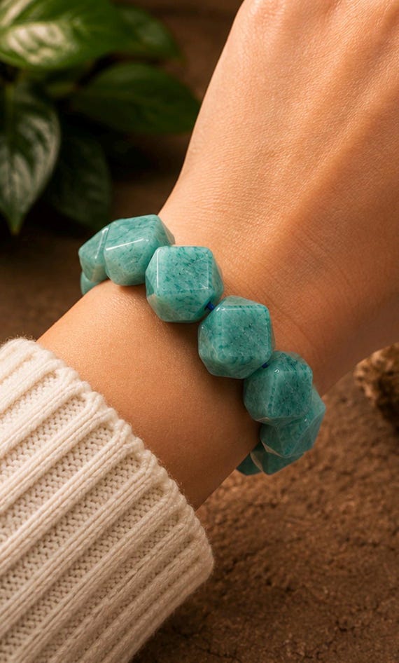 Amazonite Bracelet Brazil – Natural Amazonite Gemstone Bracelet – Large Freeform Amazonite Beads 12-16mm – Statement Crystal Jewelry – Handm