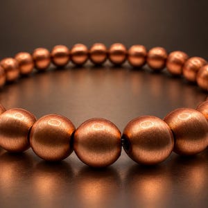 Könnte beinhalten: Ein kreisförmiges Armband, das aus zahlreichen kugelförmigen Kupferperlen besteht. Die Perlen haben eine gebürstete metallische Oberfläche mit einem warmen, rotbraunen Farbton. Das Armband ist in einer durchgehenden Schleife angeordnet.