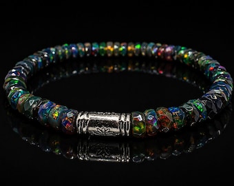 Black Opal Bracelet Men – Ethiopian Black Opal Bracelet – Fire Opal Bracelet – Luxury Gemstone Bracelet – Mens Beaded Bracelet- silver bead