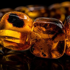 May include: Close-up of polished amber beads, showcasing a warm, translucent golden-brown hue. The beads have a smooth, rounded shape with internal fractures and dark inclusions, creating a unique, natural appearance. The beads are likely part of a necklace or bracelet.