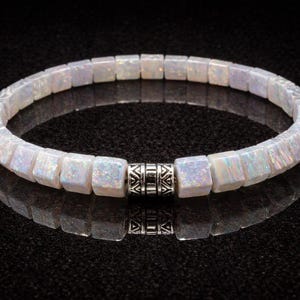 White Opal Bracelet – Synthetic Opal Bracelet – Opal Cube Bracelet – Minimalist Opal Jewelry – Silver Accent Bracelet
