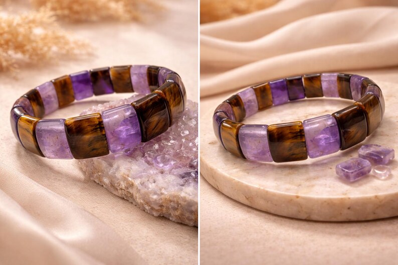 May include: A bracelet featuring alternating rectangular beads of purple amethyst and brown tiger's eye. The gemstone bracelet is displayed on a light-colored surface, showcasing the natural colors and textures of the stones. Additional loose amethyst stones are also present.