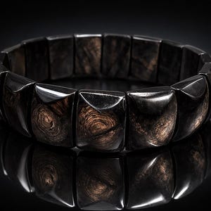 Può includere: Un braccialetto scuro, con maglie quadrate e finitura metallica lucida. Le maglie del braccialetto presentano un motivo a venature di legno a vortice in tonalità marroni e nere, creando un contrasto sorprendente. Il braccialetto è esposto su una superficie riflettente.