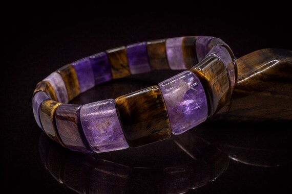 Amethyst Tiger Eye Bracelet • Natural Gemstone Jewelry • Handmade Stretch Bracelet • 10x14mm Beads