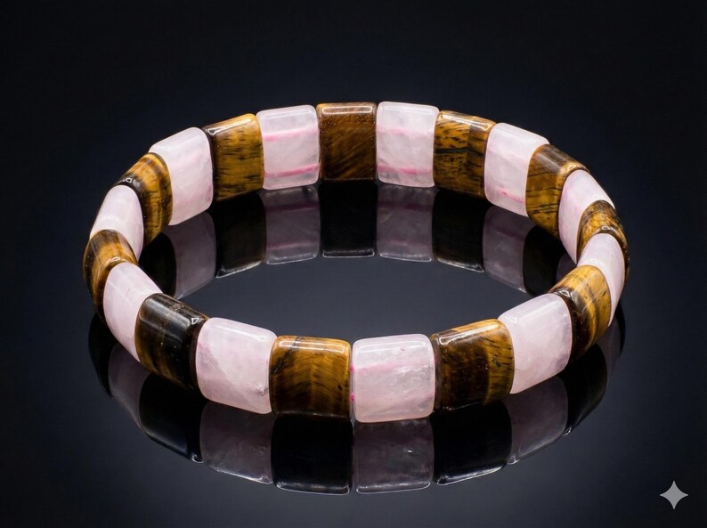 May include: A bracelet featuring alternating rectangular beads of pink quartz and tiger's eye. The bracelet is displayed on a reflective black surface, showcasing the natural colors and textures of the gemstones.