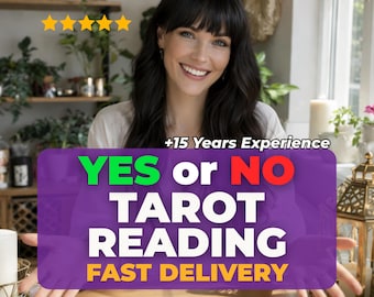 May include: A tarot reading service advertisement featuring the text +15 Years Experience, YES or NO TAROT READING, and FAST DELIVERY. The graphic includes five yellow stars and a purple background overlaying a scene with tarot cards.