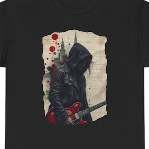 Urban Hymn Tee , Grunge Hooded Guitarist Red Guitar T-Shirt