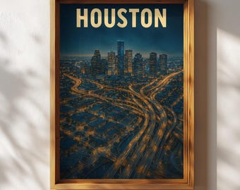 Houston Poster, Retro Houston Wandkunst, Houston Skyline Reise-Druck