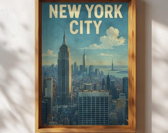 New York Poster, Retro NYC Wall Art, New York Skyline Travel Print, Vintage City Decor