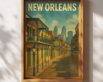 New Orleans-affisch, retro väggkonst i New Orleans, resetryck med NOLA-skyline, vintage Louisiana-dekor