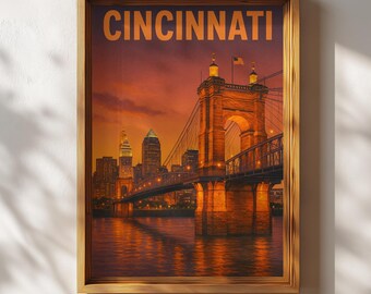 Cincinnati Poster, Retro Cincinnati Wall Art, Cincinnati Skyline Travel Print, Vintage Ohio Decor