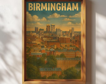 Póster de Birmingham, arte mural retro de Birmingham, impresión de viaje del horizonte de Birmingham, decoración vintage de Alabama