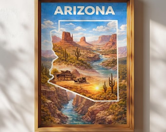 Arizona Poster, Retro Arizona Wall Art, Arizona State Map Print, Vintage Travel Decor