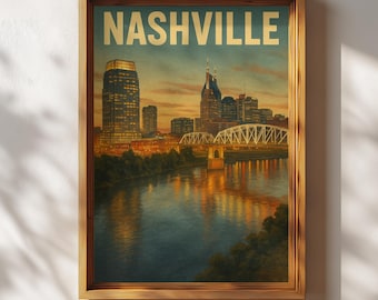 Nashville Poster, Retro Nashville Wall Art, Nashville Skyline Travel Print, Vintage Tennessee Decor