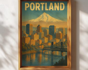 May include: A framed wall art print featuring a stylized illustration of the Portland skyline with a snow-capped mountain in the background, a bridge spanning the river, and the word PORTLAND printed in large yellow letters at the top.