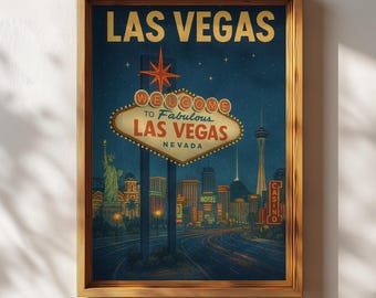 Las Vegas Poster, Retro Las Vegas Wall Art, Vegas Skyline Travel Print, Vintage City Decor