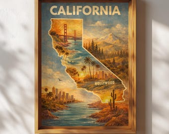 カリフォルニア州の地図アートプリント | 州のイラスト入りポスター