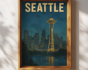 Seattle Poster, Retro Seattle Wall Art, Seattle Skyline Travel Print, Vintage Washington Decor