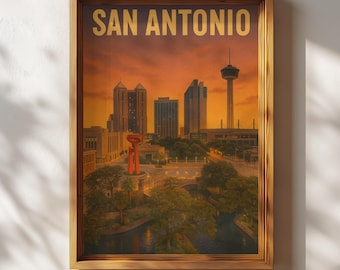 San Antonio Poster, Retro San Antonio Wall Art, San Antonio Skyline Travel Print, Vintage Texas Decor