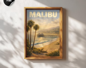 マリブ・サーフライダー・ビーチの額入りポスター：カリフォルニア